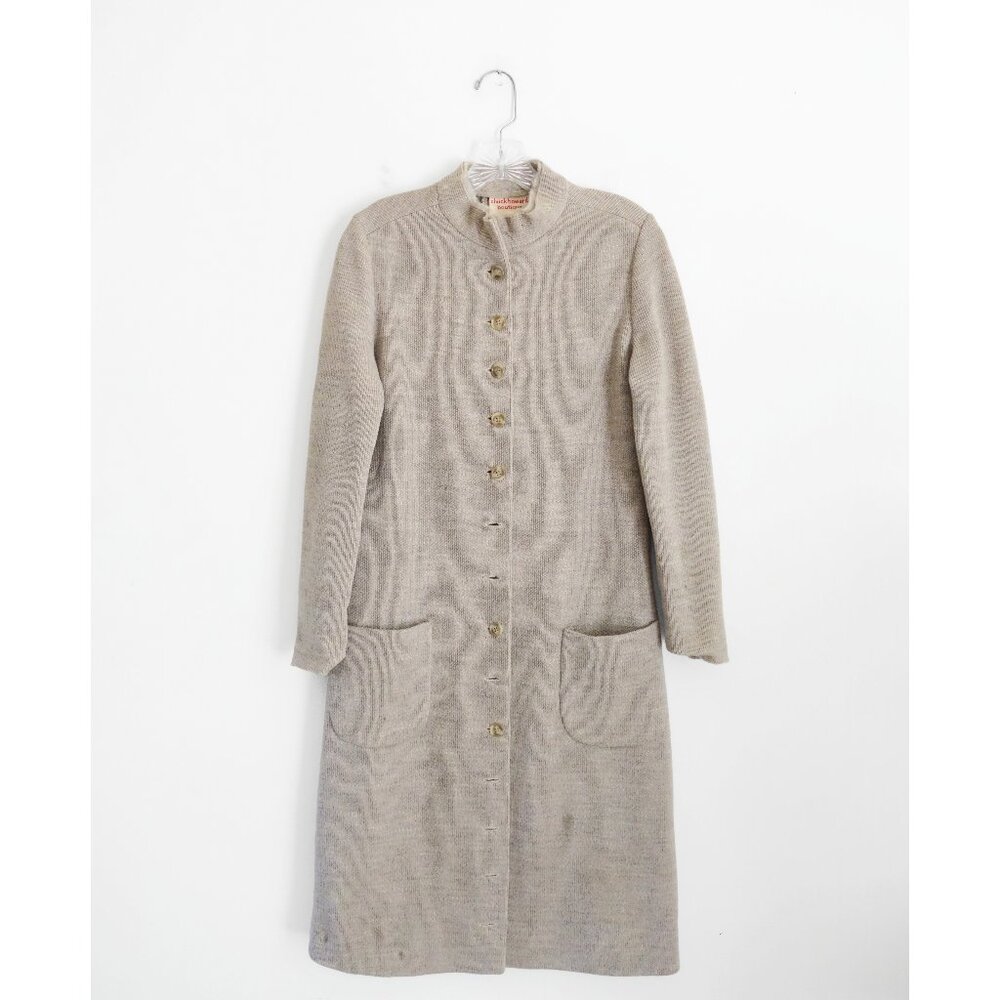 Vtg 60 70s Chuck Howard Taupe Oatmeal Beige Wool Button Down Sweater Dress S M